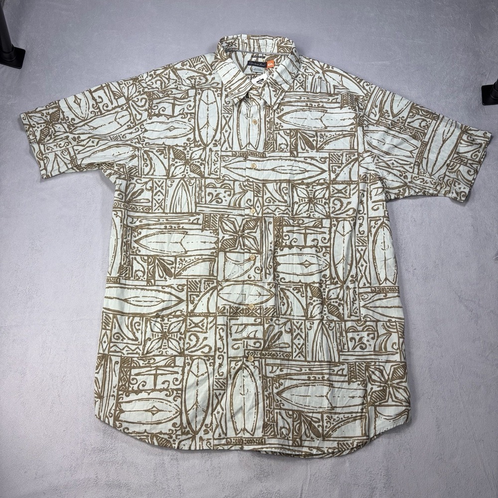 Quiksilver Shirt Mens Size 2XL White/brown Button Up Regular Fit Hawaiian